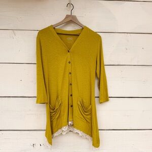 Chartreuse Mustard Yellow Cardigan with Lace Trim